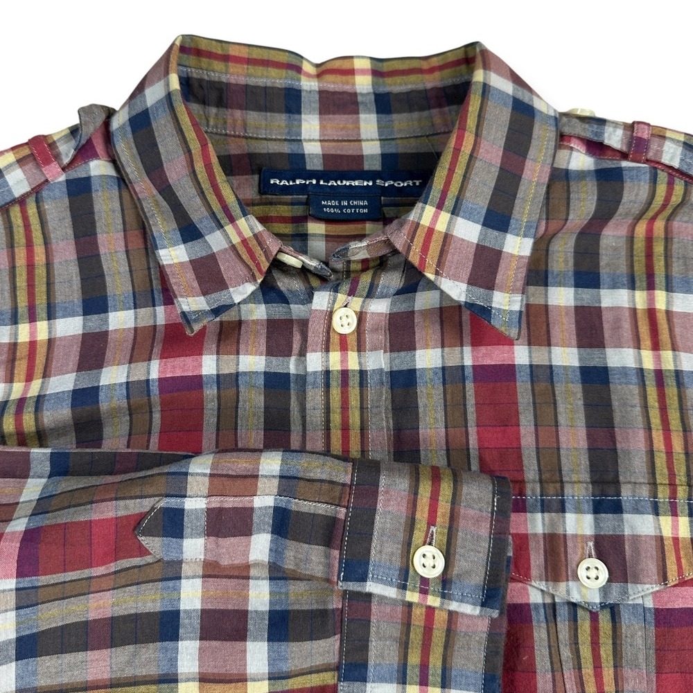 Ralph Lauren Sport Plaid Button Down Shirt Women Size 4 Roll Sleeve Tab Cotton